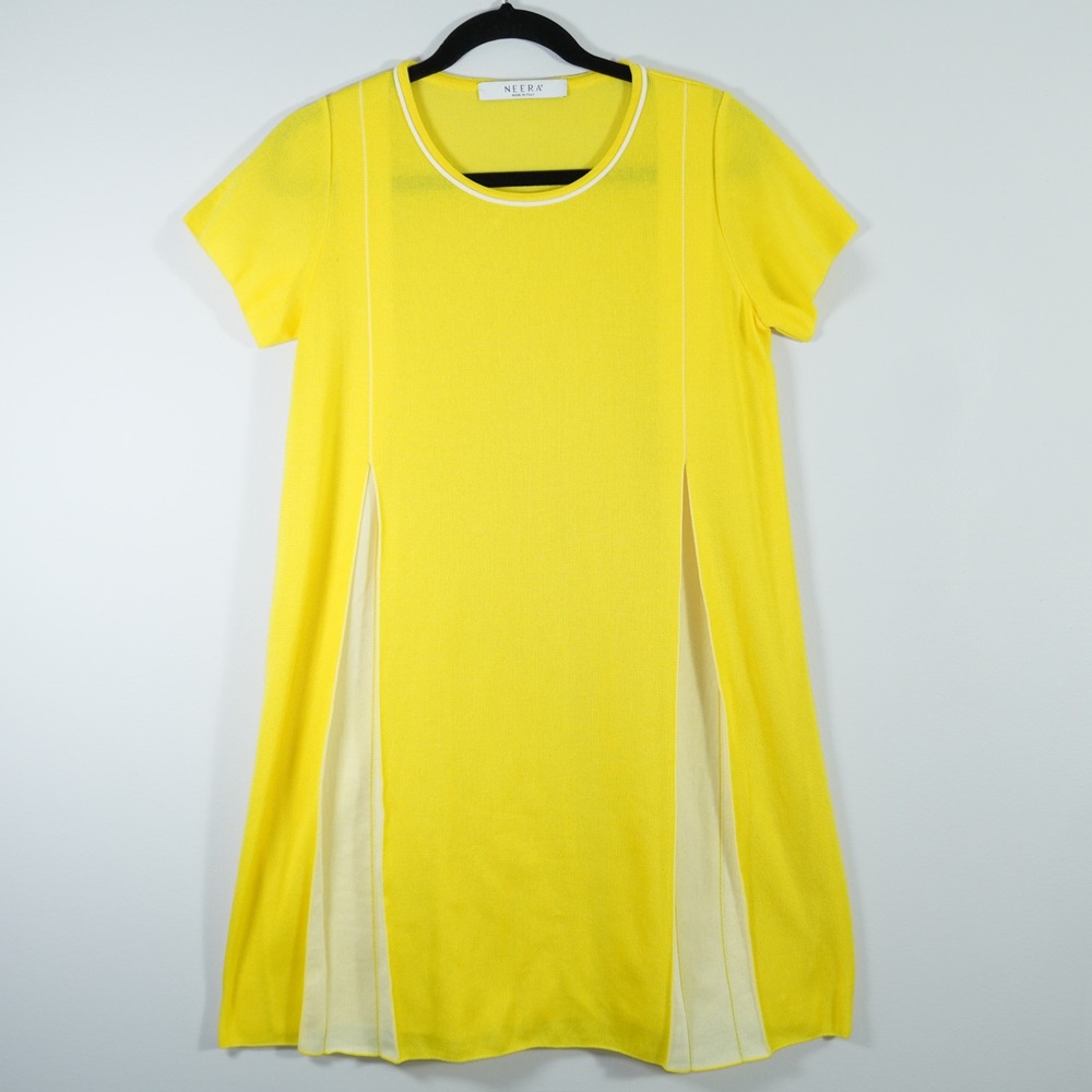Neera Made in Italy Yellow Knit Shift Shirt Dress Short Sleeve Quite Luxury S